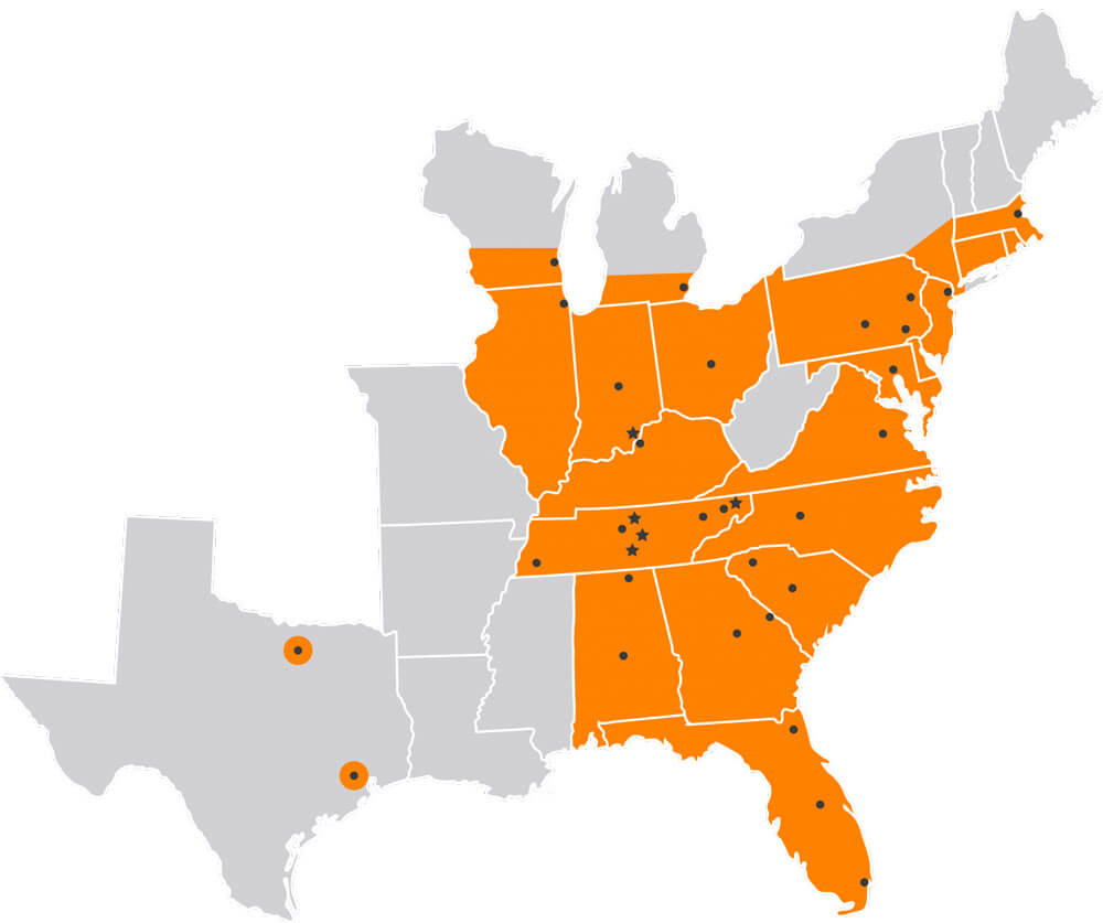 map, states, service area, big g express